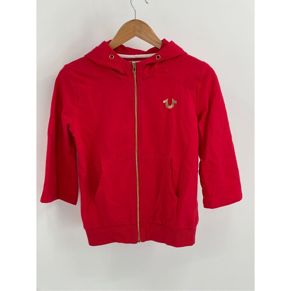 True Religion Hoodie Top Full Zip Women's Size Small Red Gold 3/4 Bell Sleeve
